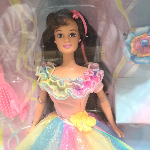 Vintage 1997 Barbie Birthday Brunette Doll with Rainbow Gown Dress,  Quinceanera